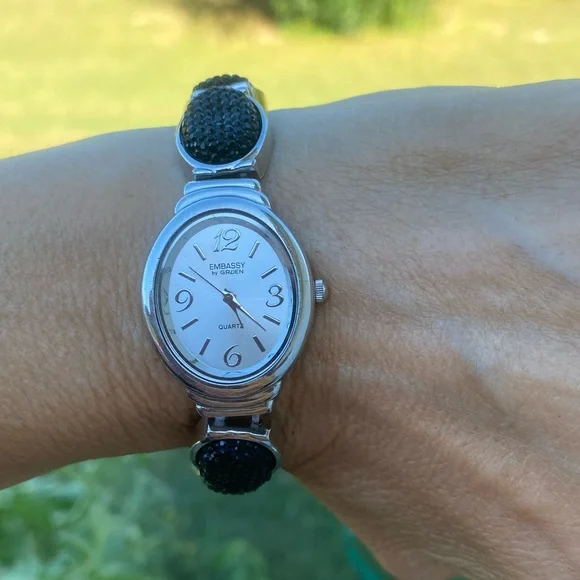 Embassy by Gruen black sparkle stretch watch Japan movement fully functioning Embassy by Gruen Watch - Etsy main image 2
